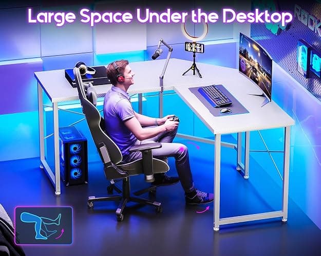 Casaottima 51 Inch L Shaped Gaming Desk, Compact Corner Computer Table, Stable Writing Workstation for Small Spaces, Home Office & Streaming Setup, Easy Assembly, Carbon Fiber Surface, White thumbnail 6