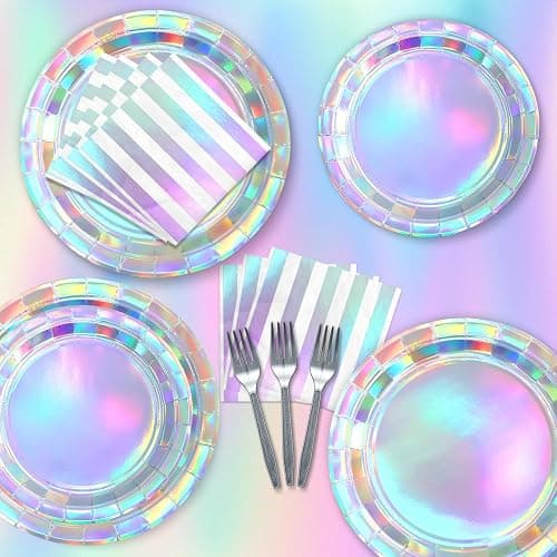 Iridescent Party Supplies for 20 Guests, Disposable Iridescent Tableware Set Includes Holographic Paper Plates, Napkins, Forks, Tablecloth for Birthday Mermaid Themed Party Decorations Wedding thumbnail 4