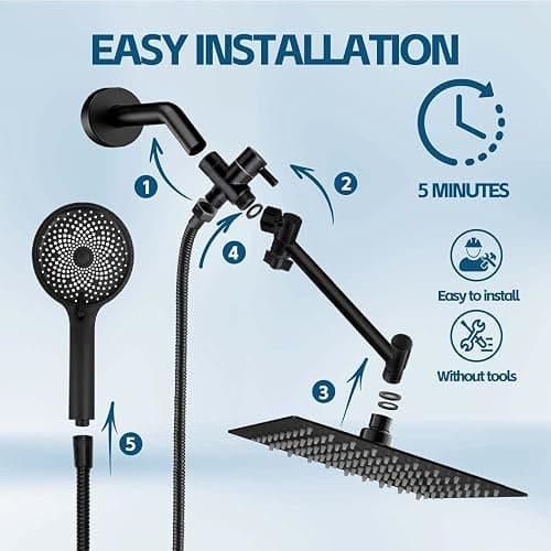 Shower Head,10 Inch High Pressure Rain Shower Head with Handheld Spray Combo, Adjustable Dual Rainfall Shower Head - Showerhead Comb Set with Extension Arm - 60 Inch Long Shower Hose（Black） thumbnail 5