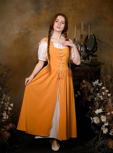 SCARLET DARKNESS Renaissance Costume Women Peasant Medieval Dress Short Sleeve Maxi Fairy Dresses with Pockets thumbnail 3