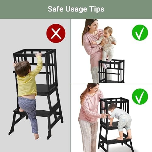 COSYLAND Kids Kitchen Step Stool Helper Baby and Toddler Multi-Function Step up Nursery Helper Stand with Safety Rail in Natural Bamboo, Strong and Lightweight 1.5-3 Years (Black) thumbnail 5