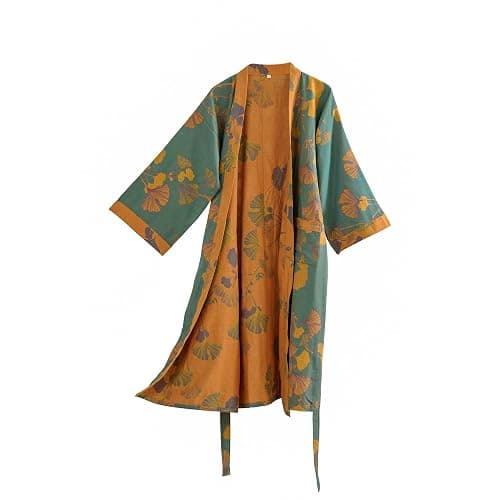 Purefair 100% Cotton Gauze Ginkgo Leaf Kimono Robe, Long Knit Loose Bathrobe Nightgown Ladies Loungewear Sleepwear for Women - Image 1