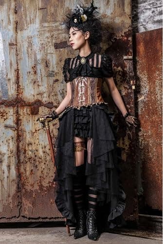 HaoLin Steampunk Retro Victorian Punk Cincher Lace up Long Ruffle Mini Skirt Black thumbnail 6