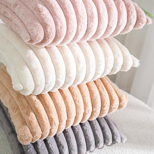 DEELAND Pack of 2,Double-Sided Faux Fur Plush Decorative Throw Pillow Covers Fuzzy Striped Soft Pillowcase Cushion Covers for Sofa Couch Bedroom Home, Cream White thumbnail 6