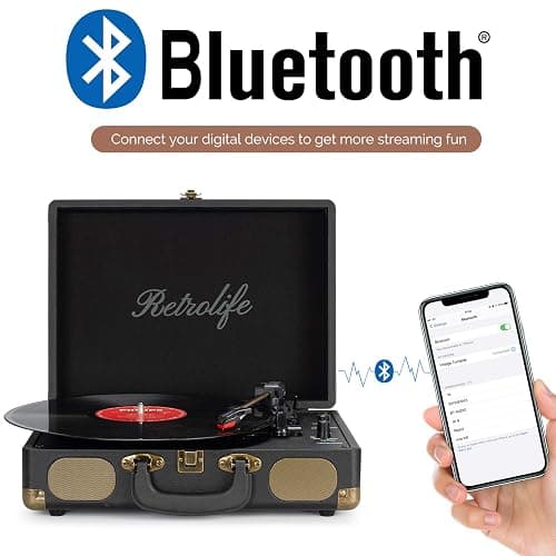 Retrolife® Vinyl Record Player with Speakers, Bluetooth Vinyl Player-Black | Portable, 3-Speed BT Turntable, Belt-Driven, RCA Line Out & Headphone Jack, Auto Stop, Plays 7/10/12" Records, 33/45/78 RPM thumbnail 2