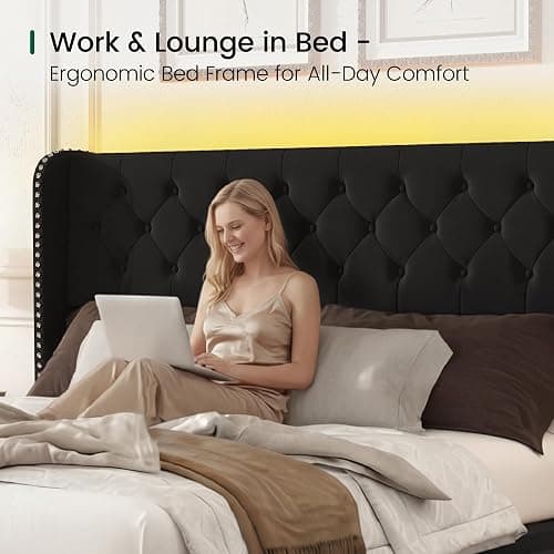 LARMACE King Size Bed Frame with LED Lights and 4 Storage Drawers Velvet Upholstered Platform Bed Frame with 47.2" Tall Tufted Headboard Wingback, No Box Spring Needed, Easy to Assemble, Black thumbnail 7