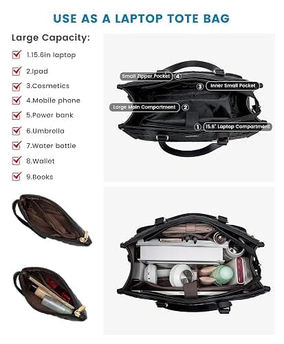 LOVEVOOK Lunch Tote Bag for Women, 15.6 Inch Laptop Bag with Insulated Lunch Compartment, Quilted Large Capacity Computer Handbag with Purse for Business, Work, Nurse, Office, Collage, Casual, Black thumbnail 4