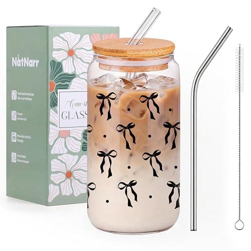 Black Bow Glass Cup with Lids And Straws Cute Halloween Gifts for Women | 16 oz Halloween Glass Cup Iced Coffee Cups Aesthetic Stuff Gift for Haloween Lovers, Women Teacher Teen Girl Gifts - Image 1
