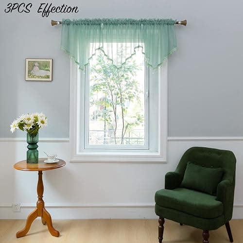 PearAge Beaded Sheer Valance Curtains for Living Room,Rod Pocket Farmhouse Window Valance, Bead Trim Tassel Voile Sheer Curtain Valance for Bedroom Bathroom Cafe 51x24 Inches (Mineral Blue) 1PC thumbnail 7