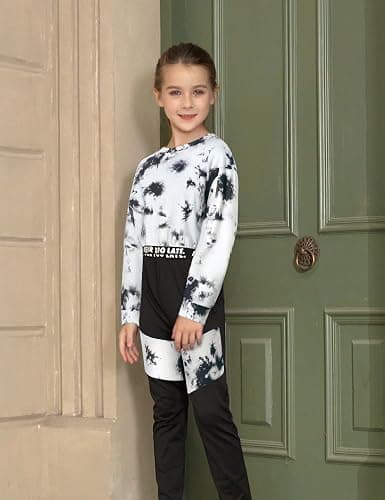 Glaoly Girls Clothes Tie-Dye Long Sleeve Sweatshirt Cool Patchwork Sweatpants 2 Piece Girls' Clothing Sets Size 6-14 Years - Tie Dye-white - 13-14 Years thumbnail 3