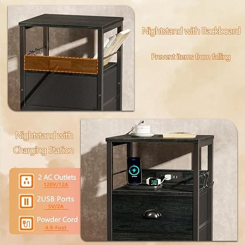 Furologee Nightstand with Charging Station, Black Night Stand with 2 Fabric Drawers, Side Table with USB Ports, End Table with Storage Shelf, for Living Room/Bedroom, Black Oak thumbnail 5