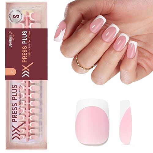 Beetles X Press Plus French Tip Nails - Camellia French | Pink Short Squoval Press On Nails | 16 Sizes 224 Pcs Natural Salon Quality Gel Nail Tips - Image 1