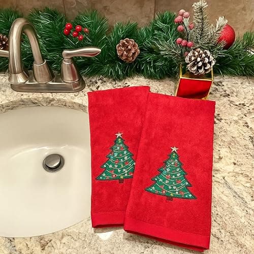 Serafina Home Christmas Red Bathroom Hand Towels, 2 pc Set, 16 x 25, Elegant Christmas Tree, 100% Cotton Velour Terry, Holiday Decor for Bath and Kitchen thumbnail 9