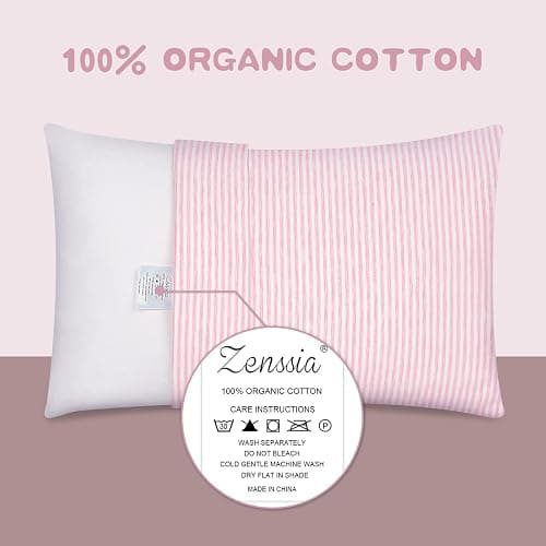 Zenssia Organic Cotton Toddler Pillowcase/Travel Pillowcase Pack of 2 Set 13x18 Inches with Envelope Closure - Soft & Breathable Baby Pillow Case Cover Pink Stripe thumbnail 4