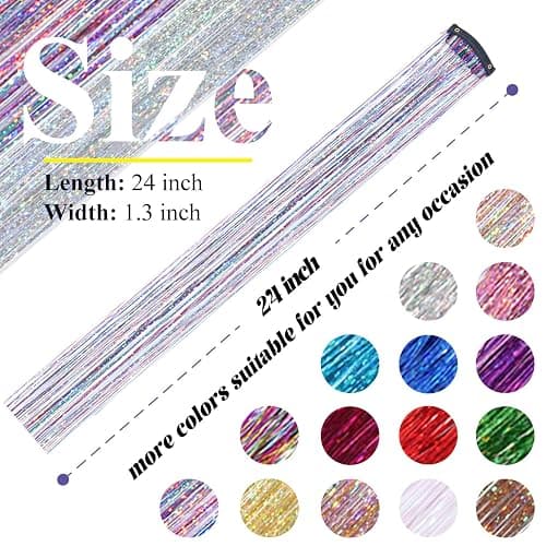 Hair Tinsel Clip in Dreamy Colorful Fairy Hair Tinsel Kit, 12 Pcs 24 Inch Glitter Clip in Hair Extensions for Girls Women Kids Christmas New Year Festival Party (Dreamy Colorful) thumbnail 6