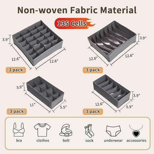 Garvee 12 Pack Underwear Drawer Organizers, 116 Cells Dresser Drawer Divider Bins for Baby Clothes, Underwear, Bra, Sock, Foldable Fabric Closet Organizer for Bedroom, Nursery, Grey thumbnail 2