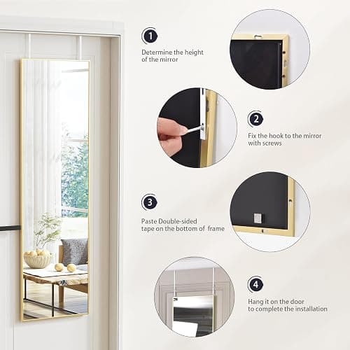 BEAUTYPEAK 16" x 50" Adjustable Height Over The Door Mirror, Gold | Full Length Hanging Door Mirror with Shatterproof Tempered Glass Aluminum Alloy Frame for Bedroom, Living Room, Bathroom,Dorm thumbnail 6