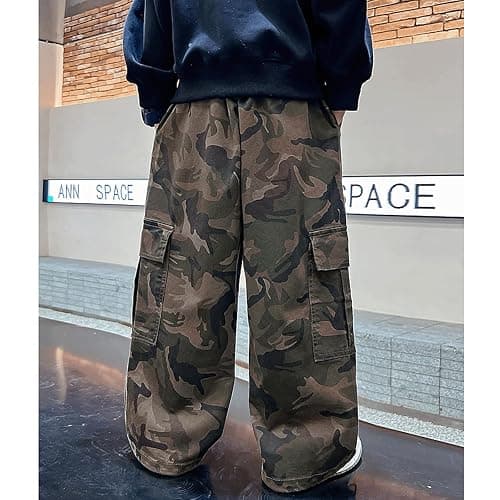 Baggy Pants Kids Camo Camouflage Wide Leg Streetwear Uncuffed Boys Loose Fit Cargo Elastic Waist with Multi Pockets Boys thumbnail 3
