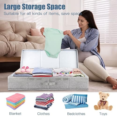 Supowin Underbed Storage Containers Bin with Lids, Large Under Bed Storage Organizer Box with Handle, Foldable Under the Storage Bags for Organizing Clothes, Shoes, Blankets, Pillows thumbnail 5