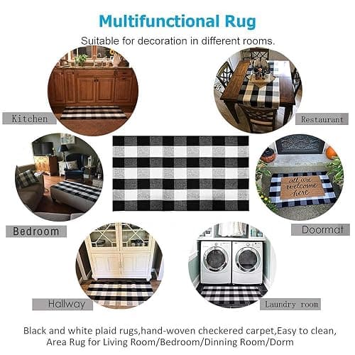 SEEKSEE Fall Decor Buffalo Plaid Outdoor Rug 27.5x43 Black and White Front Door Mat, Layering Rug for Porch, Washable Doormat, Cotton Area Rug for Outdoor Entrance Entryway Patio Porch Decor thumbnail 6