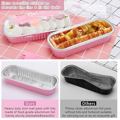 ylnurac 25Pack Pink Mini Cake Pans with Lids Mini Loaf Pans and Spoons and Stickers, 6.8Oz Aluminum Foil Pans Tins, Individual Dessert Cups Containers for Sales,Party,Picnics thumbnail 6