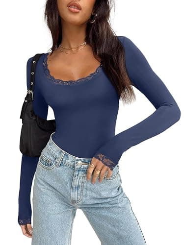 REORIA Women's Sexy Lace Scoop Neck Long Sleeve Double Lined Layering Slim Bodysuit Tops thumbnail 2