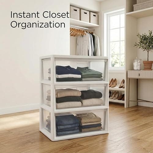 Wide 3 Drawer Plastic Storage Tower with Clear Removable Bins, 15.6" x 21" x 25.2" Organizer Unit with Drawer Stops and Easy-Pull Handles for Closet, Dorm, and Office Organization, White thumbnail 6