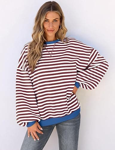 UEU Women Oversized Striped Crewneck Sweatshirt Long Sleeve Color Block Pullover Tops Casual Loose Workout Shirt thumbnail 2