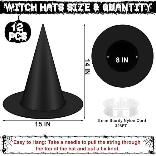 12 PCS Halloween Witch Hats, Black Hanging Witch Hats Porch Yard Decor | Witch Costume Accessories Witches Hat with 328 FT Nylon Cord Wizard Hats Indoor Outdoor Halloween Decorations thumbnail 2