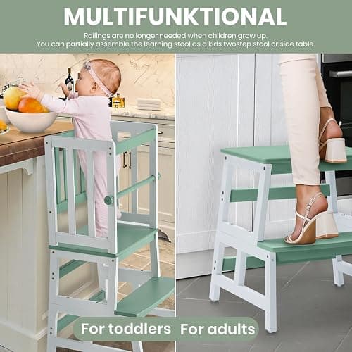 COSYLAND Kids Kitchen Step Stool, Toddler Standing Tower with CPC Certification, Removable Anti-Drop Railing Safety Rail, Anti-tip Stable Toddler Standing Tower - Green & White thumbnail 5