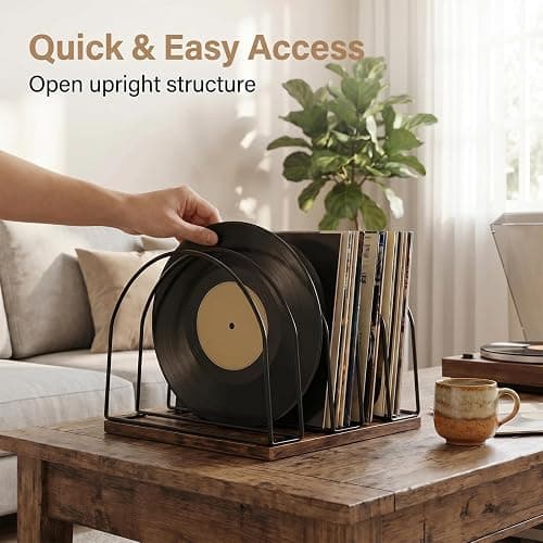UUOBQN Wooden Vinyl Record Storage Holder, Brown | Record Stand Organizer for Vinyl Records & LPs, Magazine Holder, CD Storage, DVD Storage, CD Holder, Album Organizer Shelf thumbnail 4