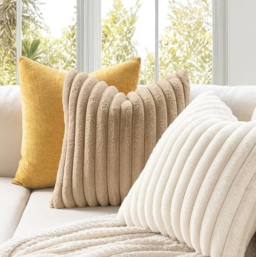 MIULEE Faux Fur Decorative Throw Pillow Covers 18x18 Inch Set of 2, Modern Spring Home Decor Soft Plush Couch Pillows Cozy Fluffy Cushion Covers for Sofa Bed Beige thumbnail 3