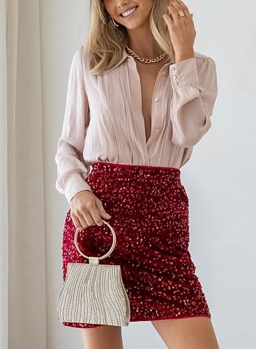 Happy Sailed Women’s Sequin Skirt Sparkly Stretchy Velvet High Waisted A-Line Glitter Mini Skirts for Night Out Party thumbnail 2