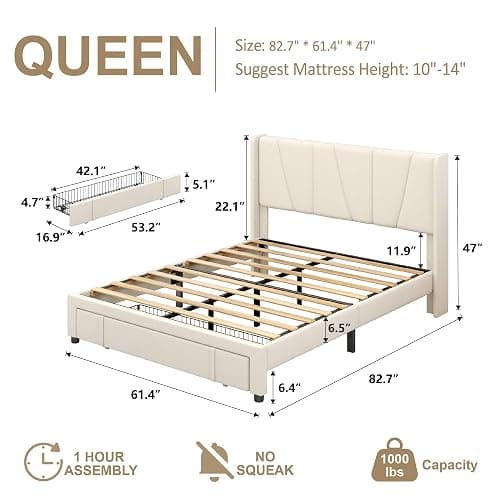 viplov Queen Bed Frame with Storage Drawers, Upholstered Queen Size Platform Bed with 47" Tall Headboard and Wingboard, No Box Spring Needed, Noise Free, Easy Assembly, Wooden Support Slats, Beige thumbnail 2