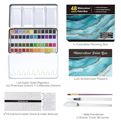RATEL Aquarellfarben-Set, Aquarellkasten -- 48 feste Farbpigmente + 1 hochwertiger Pinsel + 20 Blätter + 2 Aquarellstifte, wasserlösliches und leicht zu mischendes Aquarellfarben-Set thumbnail 7