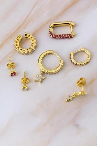 Gold Earring Set, 6Pcs 14K Gold Plated Colorful Stack Cubic Zirconia Pink Heart Dainty Statement Elegant Earrings Copper Nickel Free Hypoallergenic Non Tarnish Jewelry Gift For Women thumbnail 2