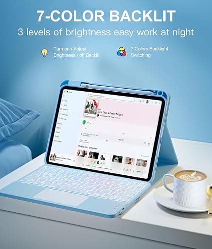 Harvopu Compatible for iPad 11th 10th Generation Case with Keyboard, Folio Cover with Pencil Holder, Multi-Touch Trackpad, 7 Color Backlit, Detachable Keyboard for iPad (A16) 11th/10th Gen (Sky Blue) thumbnail 6