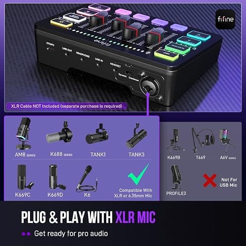 FIFINE Gaming Audio Mixer, Streaming RGB PC Mixer with XLR Microphone Interface, Individual Control, Volume Fader, Mute Button, 48V Phantom Power, for Podcast/Recording/Vocal/Game Voice-AmpliGame SC3 thumbnail 8