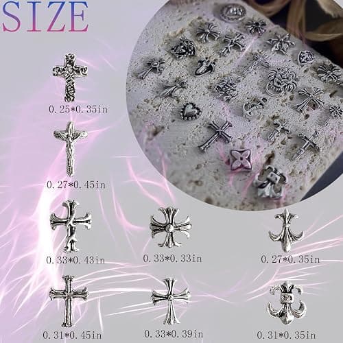 Leeneen 80Pcs Silver Metal Cross Nail Charms for Nails Design,Y2K 3D Chrome Nails Art,Vintage Alloy Cross Heart Skull Acrylic Charm for Women, Halloween Nail Supplies thumbnail 2