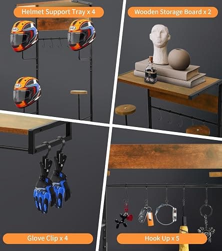 NANXITU Motorcycle Helmet Rack Wall Mount, Retro Rust Helmet Holder with Wood Floating Shelf and Hooks for Storage thumbnail 4