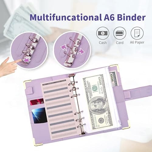 Budget Binder, A6 Marble PU Leather Binder, 6 Ring Budget Planner Organizer with 8 Zipper Cash Envelopes, 12 Expense Budget Sheets, 2 Letter Label Sticker for Budgeting, Saving Money (Purple) thumbnail 7