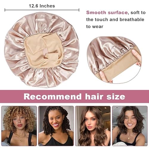 4Pcs Satin Bonnet Silk Bonnet, Hair Bonnet for Sleeping, Elastic Wide Band Silk Sleep Cap, Soft and Breathable (Black Red Purple Gold) thumbnail 3