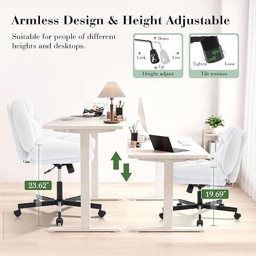 shipborne Cross Legged Office Chair, Thick Cushioned Criss Cross Chair with Wheels, Wide Seat Armless Office Chair, Height Adjustable Swivel Vanity Chair for Home and Office, White thumbnail 5