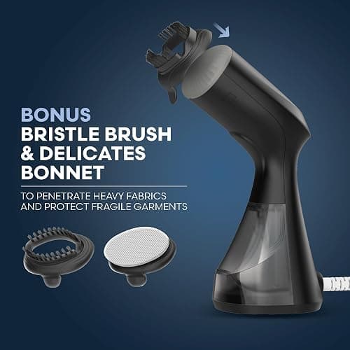 Conair Handheld Garment Steamer for Clothes, Compact Fabric Steamer for Home or Travel, Quick 30-Second Heat-Up, 10-Minute Continuous Steam, Includes Bristle Brush & Delicates Bonnet, Black, GS81 thumbnail 6