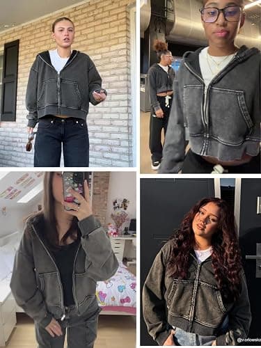 Aelfric Eden Hoodies Washed Solid Zip Up Hoodie Casual Cropped Hooded Sweatshirt Long Sleeve Zipper Pullover Streetwear thumbnail 2