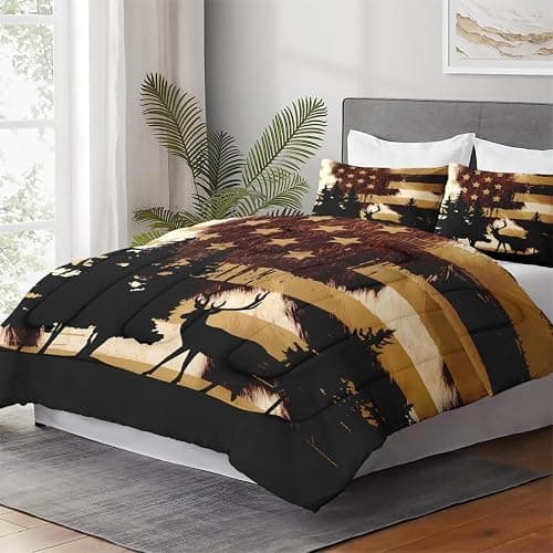 WeCozy Queen Size Comforter Set with 2 Pillowcases, Deer Animal Tree Cow Print 3 Pcs Bedding for Kids and Adults, Retro American Flag Soft Comforter Set for Bedroom Bed Decor thumbnail 4