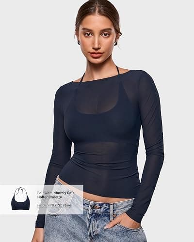 INLYRIC Women's Cosnufy Mesh Sheer Long Sleeve Tops See Through Boat Neck Going Out Tops Trendy Sexy Shirts thumbnail 4