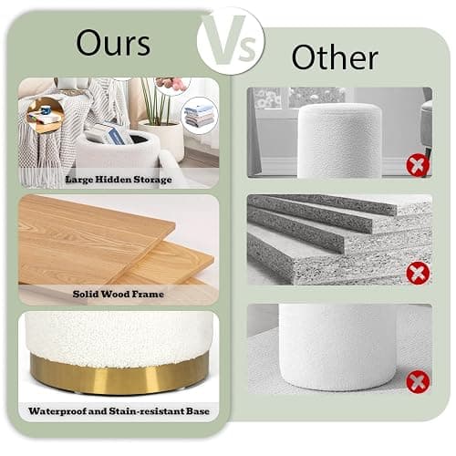 Joveco Boucle Round Ottoman with Storage,Vanity Stool with Storage for Bedroom, Ottoman Coffee Table,Small Boucle Foot Stool for Living Room, White with Gold Plating Base thumbnail 7