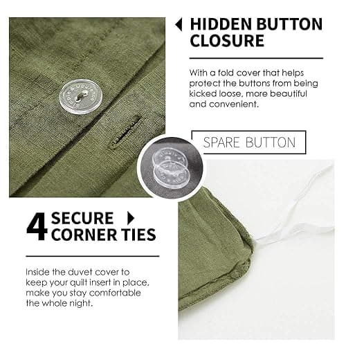 Simple&Opulence 100% Linen Duvet Cover Set 3pcs Basic Style Natural French Washed Flax Solid Color Soft Breathable Farmhouse Bedding with Button Closure - Olive Green, Queen - Queen - Olive Green thumbnail 3