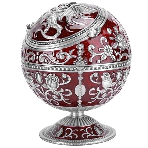 Windproof Ashtray, Vintage Ashtray with Lid, Metal Ball Cigarette Tabletop Ashtray with Wine Red Globe Fly Dragon Shape for Outdoor Indoor Home Decoration Crafts - Image 1